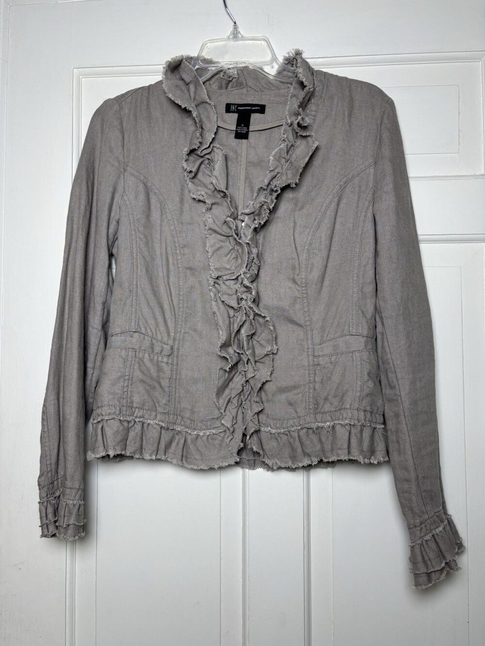 INC International Concepts Women's S Grey Ruffle Fringe Zip Jacket Boho Rock
